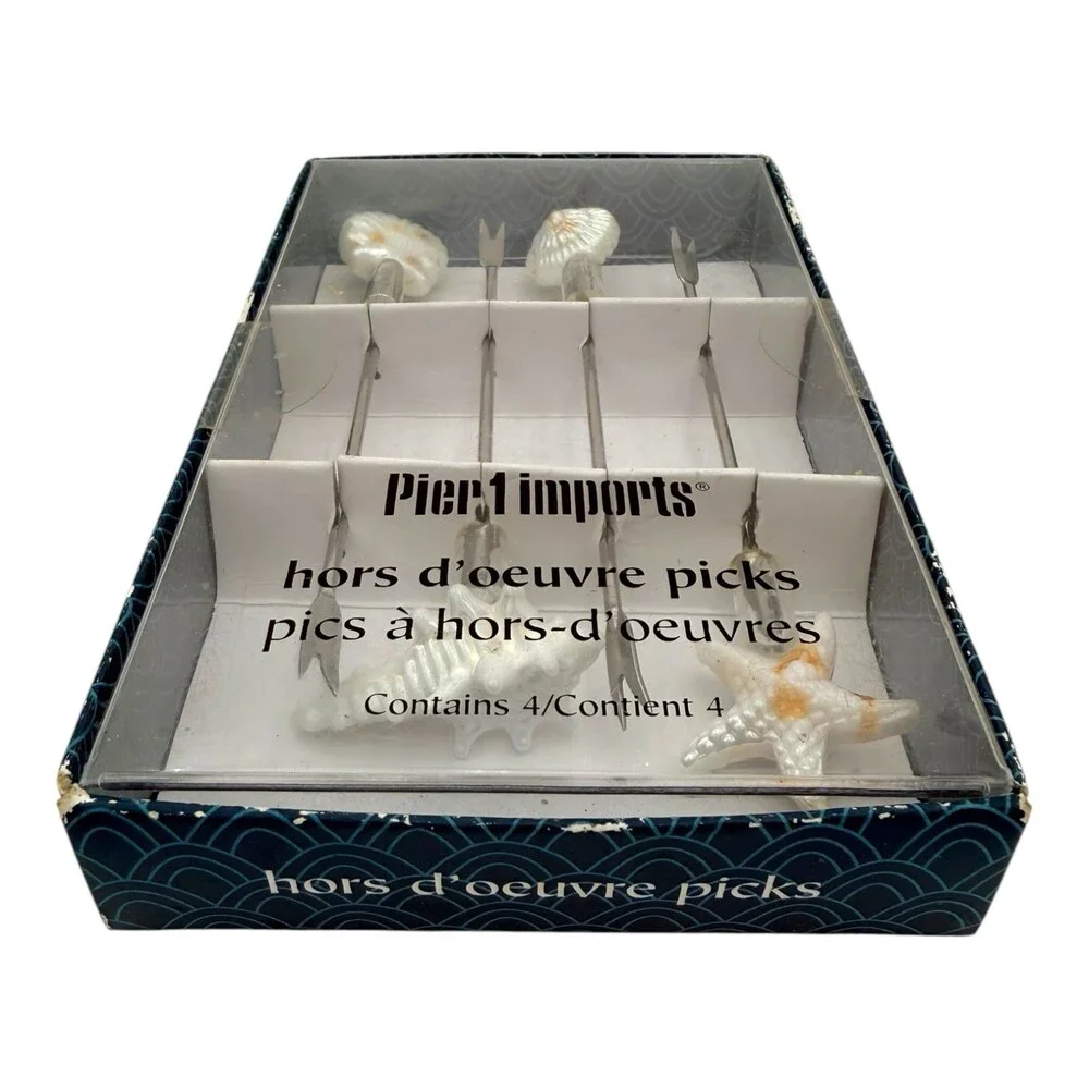 VTG 1980-90s Pier 1 imports Hors D’Oeuvre Pick Set 4PC Seashells White & Silver